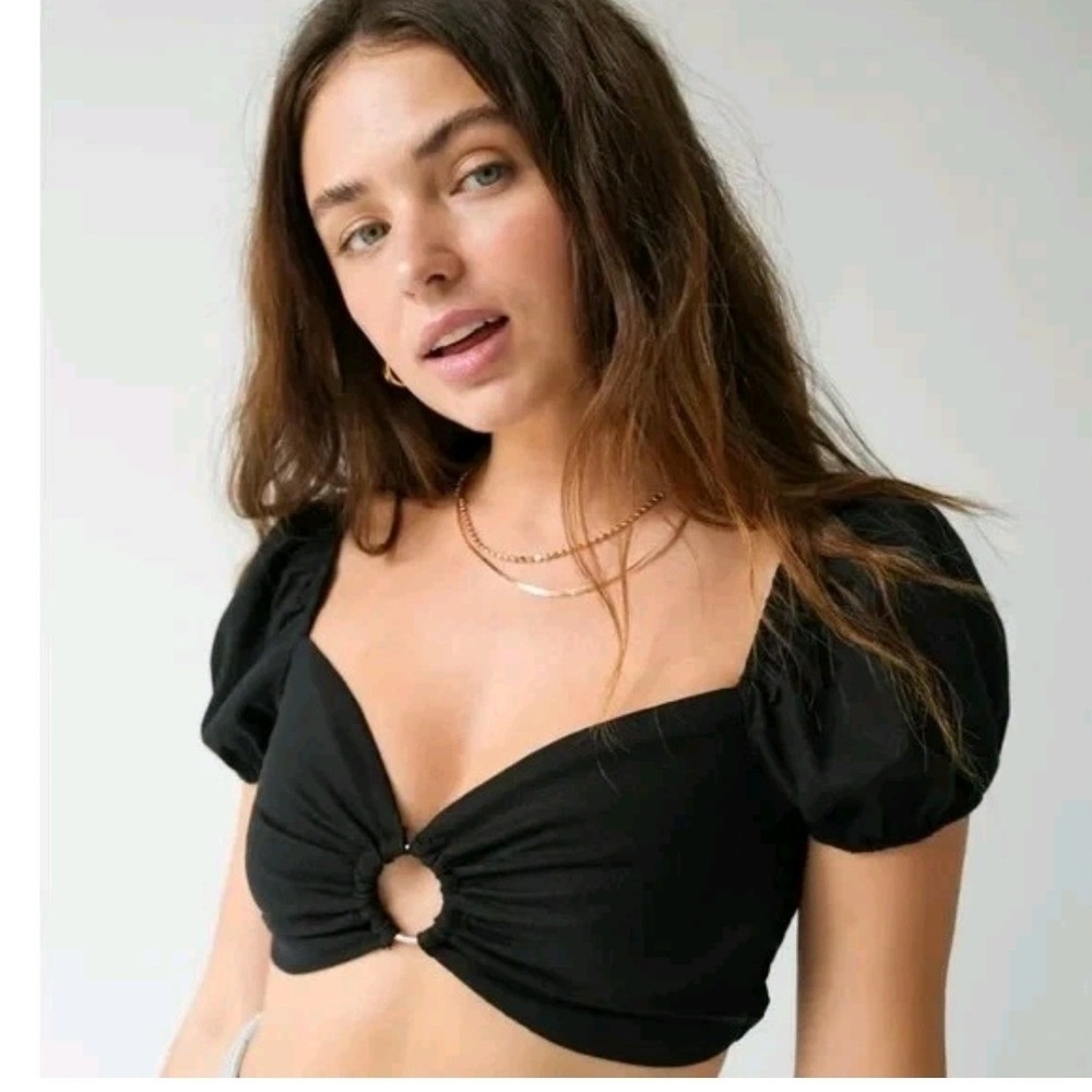 NWT Elodie Women Crop Top XL Black Puff Sleeve Ring Front milkmaid cottagecore